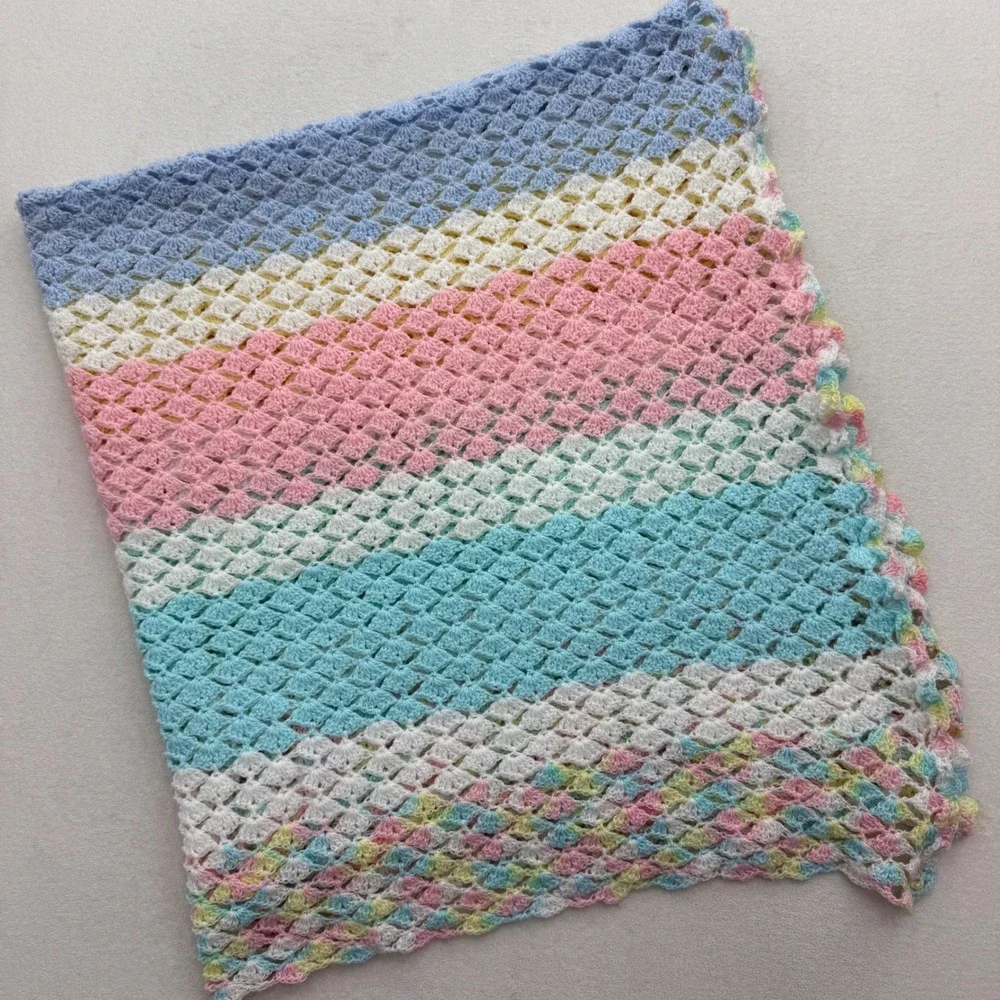 Crochet Baby‎ Blanket Unisex Pastel Striped Shell Stitch Handmade 49